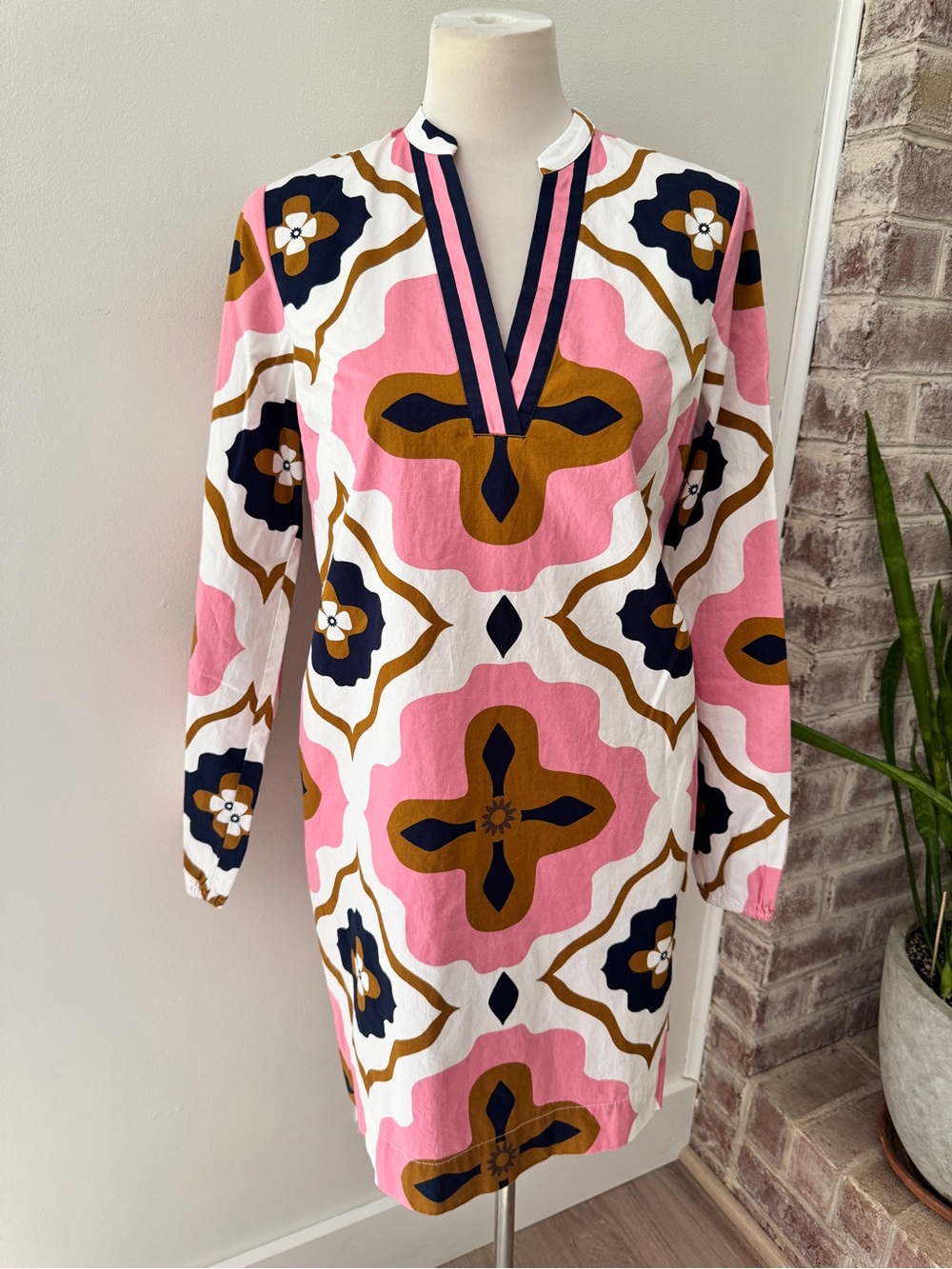 Boden Floral Tunic Shift Dress Pink Navy Cotton Long Sleeve US 6R pockets